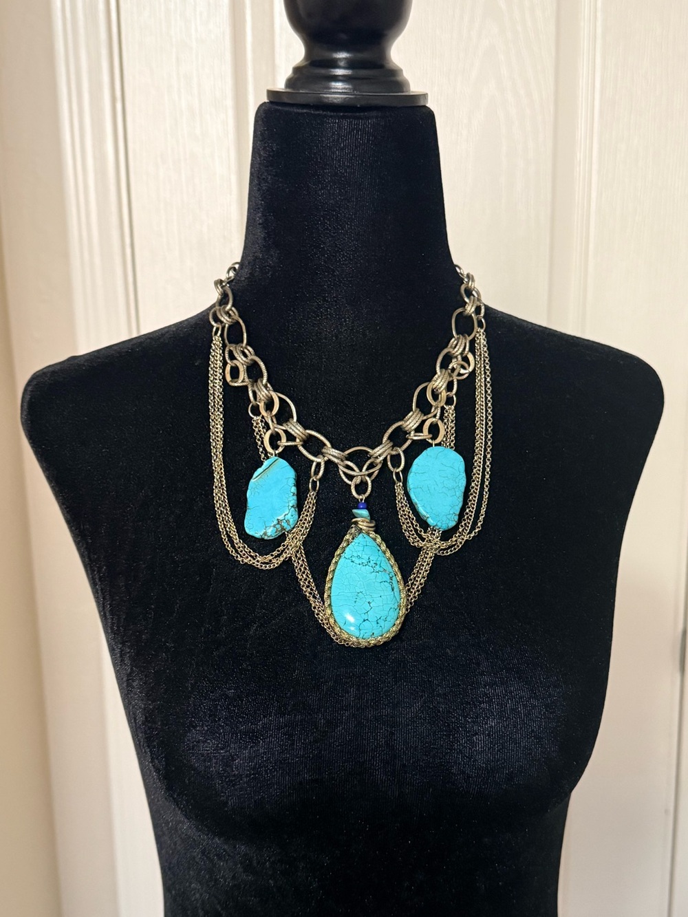 Boho Turquoise Statement Necklace Gold Tone Layered Chain Bib Necklace - Picture 2 of 4